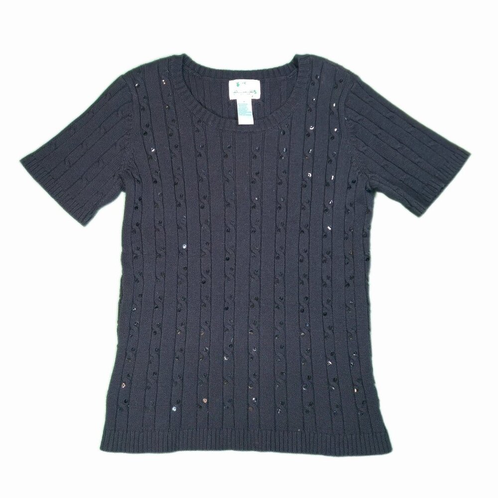Quacker Factory Short-sleeved Cable Knit Sweater Black With‎ Sequins Size M
